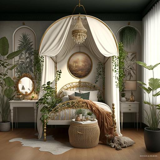 ethereal bohemian bedroom with canopy bed and floor to ceiling window and claw foot bathtub, plants and Gold accents
