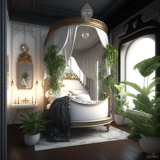 ethereal bohemian bedroom with canopy bed and floor to ceiling window and claw foot bathtub, plants and Gold accents