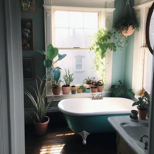 fresh bathroom with claw foot tub, big window, plants and boho decor