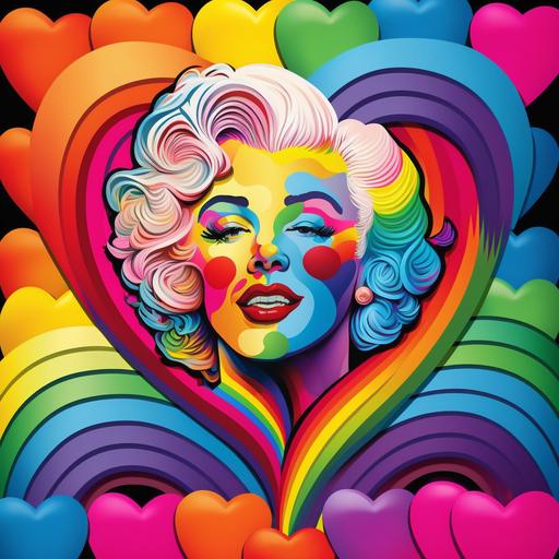 marilyn Monroe as a cartoon, rainbow, hearts, Lisa frank style