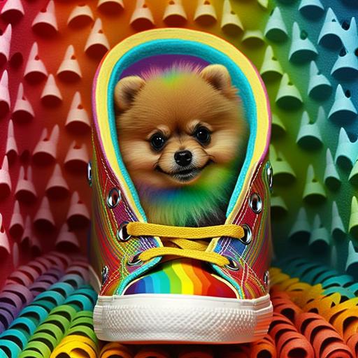 mini pomeranian in a shoe, hearts, rainbow, bright colors, Lisa frank style