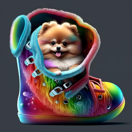 mini pomeranian in a shoe, hearts, rainbow, bright colors, Lisa frank style