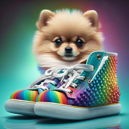 mini pomeranian in a shoe, hearts, rainbow, bright colors, Lisa frank style