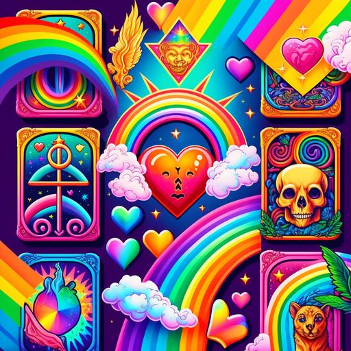 tarot cards, rainbows, pentagram,hearts, 8k, bright colors, Lisa frank style