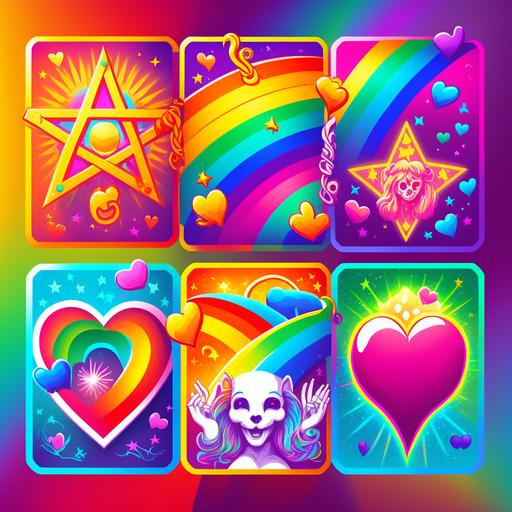 tarot cards, rainbows, pentagram,hearts, 8k, bright colors, Lisa frank style