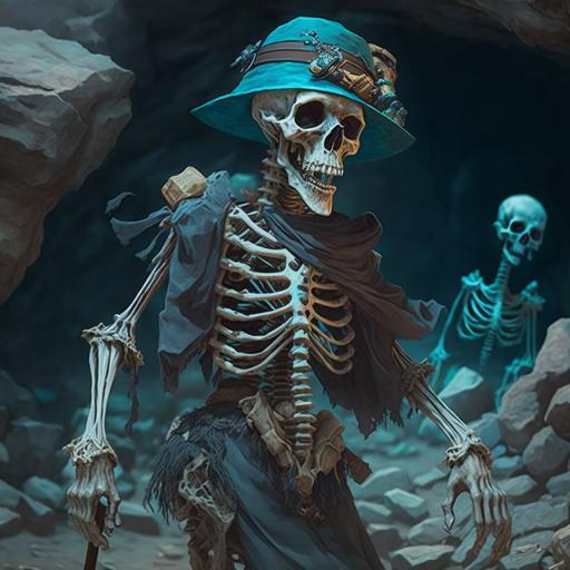 D&D style undead skeleton wearing mining hat carrying pick dresses in rags in cave