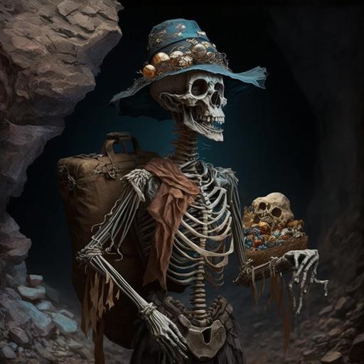 D&D style undead skeleton wearing mining hat carrying pick dresses in rags in cave