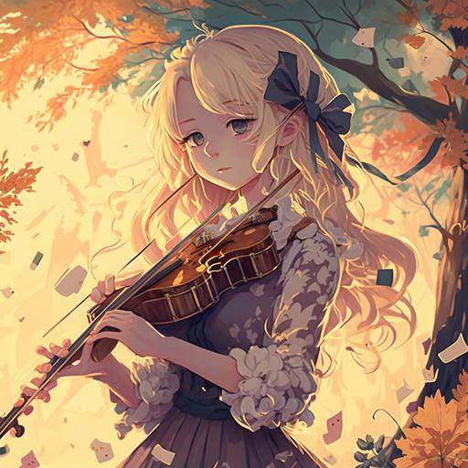 blonde anime girl playing violin hair unkempt impressionist trees