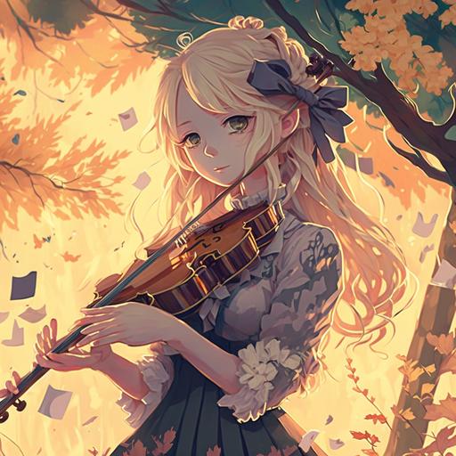 blonde anime girl playing violin hair unkempt impressionist trees