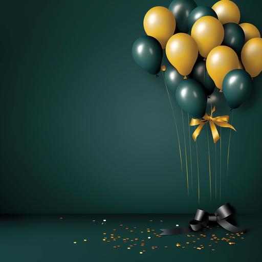 BACKGROUND IMAGE FOR A BIRTHDAY CARD, BLANK WITH DARK GREEN AND GOLD BALLOONS WITH RIBBONS