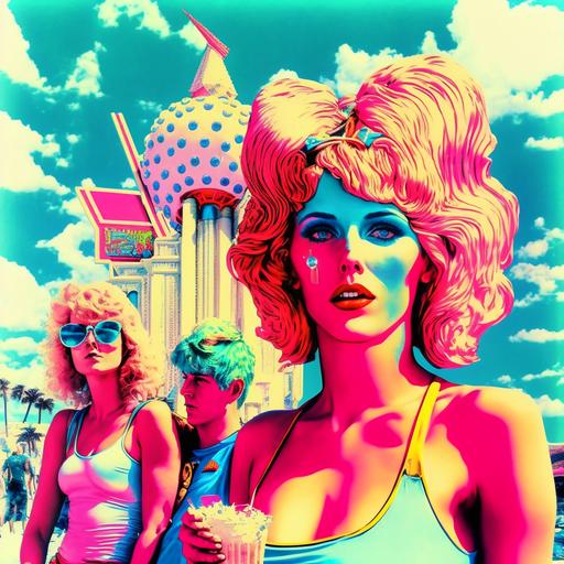 1980s Las Vegas, cyborg trans girl, family vacation, acid trip, pastel bubble gum, surreal, 4k