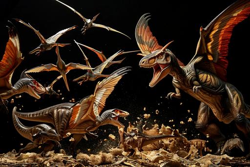 > a flock of archaeopteryx are battling the much larger and stronger dinosaur for defense and their next meal, black background > --ar 3:2 --no logos or text --v 6.0