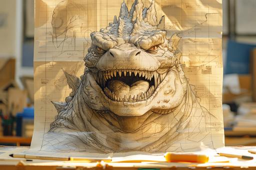 > blind contour minimalist single line sketch, baby godzilla kaijuart, rim lighting, conte crayon on Canson Mi Teintes Drawing Papers in Earth Tone, pop the contrast, parallax, ambient occlusion > --s 999 --c 33 --v 6.0 --ar 3:2