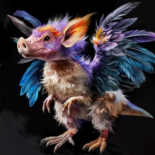 > happy ping pig archaeopteryx. purple, blue and orange, feathers. black background. funny, cute > --no logos or text --c 40 --w 80