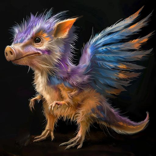 > happy ping pig archaeopteryx. purple, blue and orange, feathers. black background. funny, cute > --no logos or text --c 40 --w 80