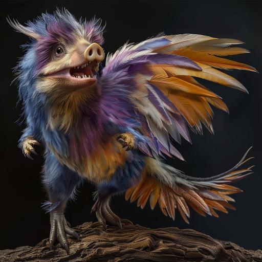 > photograph, happy ping pig archaeopteryx. purple, blue and orange, feathers. black background. funny, cute, 8k > --no logos or text --c 40 --w 80