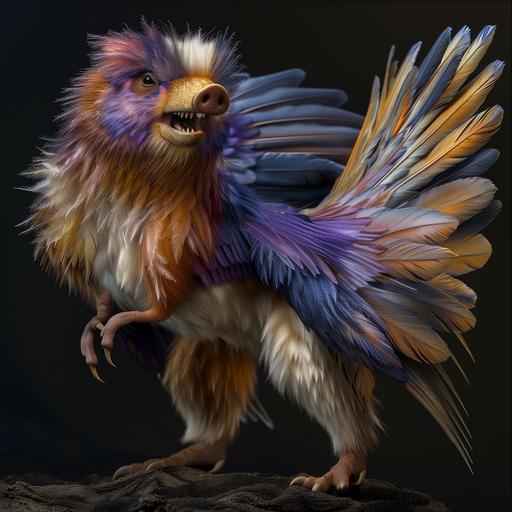 > photograph, happy ping pig archaeopteryx. purple, blue and orange, feathers. black background. funny, cute, 8k > --no logos or text --c 40 --w 80 --v 6.0