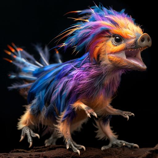 > photograph, happy ping pig archaeopteryx. purple, blue and orange, feathers. black background. funny, cute, 8k > --no logos or text --c 40 --w 80