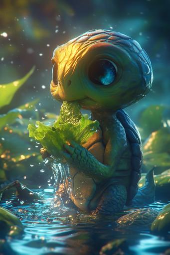 BIPOC: cute 3D Chibi cartoon, Turtle eating lettuce and drinking water, baby portraits, cinematic style photography, Kirlian ray tracing, in the style of realistic lighting with chiaroscuro, detailed facial features, jagged edges, closeup intensity, --niji 6 --ar 2:3