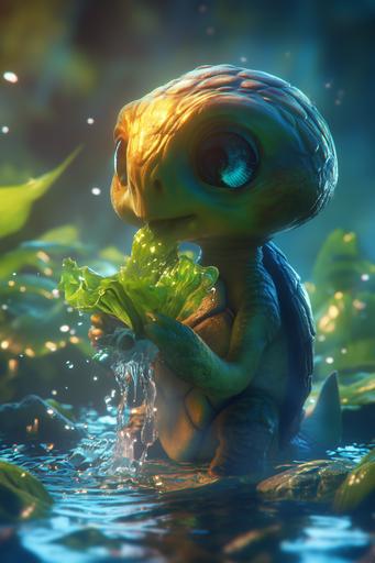 BIPOC: cute 3D Chibi cartoon, Turtle eating lettuce and drinking water, baby portraits, cinematic style photography, Kirlian ray tracing, in the style of realistic lighting with chiaroscuro, detailed facial features, jagged edges, closeup intensity, --niji 6 --ar 2:3