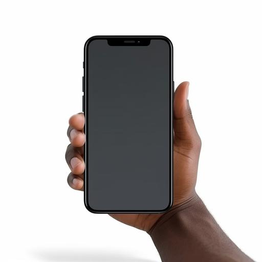 BLACK RIGHT Hand holding, New version of black slim smartphone similar to iphone 12 with blank white screen, luxury, white background
