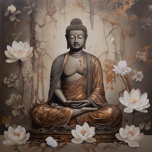 BUDHA IN BROWN AND GREYS SITTING CROSSED LEGEED WITH LOTUS FLOWERS AROUND