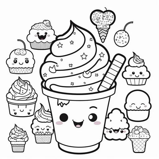 B&W lineart cartoon kawaii cute food, coloring book style, white background