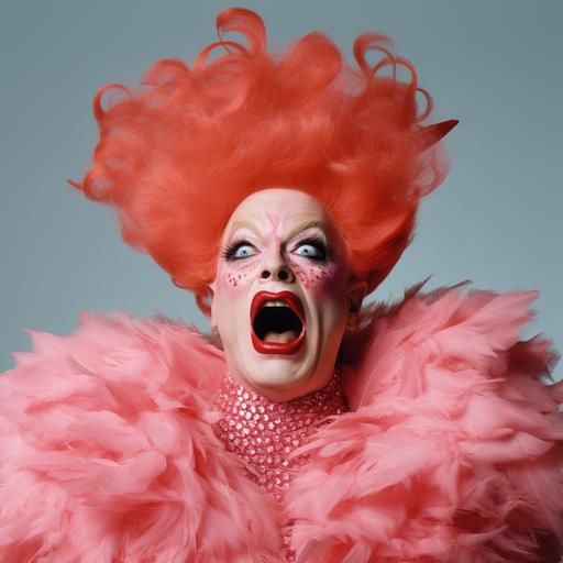 Babs Johnson the filthiest woman alive, huge red beehive, Divine the drag queen, dynamic huge makeup, from the movie pink flamingoes, flamingo face, trailer trash, John waters, aunt Ida, Gator, detailed skin, by Irving Penn, colour photograph