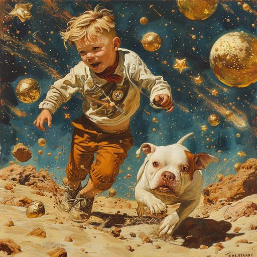 Baby Boy Tom Grady, fIGHTING a pittbull terrier, JODOROWSKY, DUNE , steam punk, frankincense, Atlas Shrugged, 1950's gold, myrrh, peaches, stars, blue, lapis detailed ILLUSTRATION, gIRARD Moebius --s 250