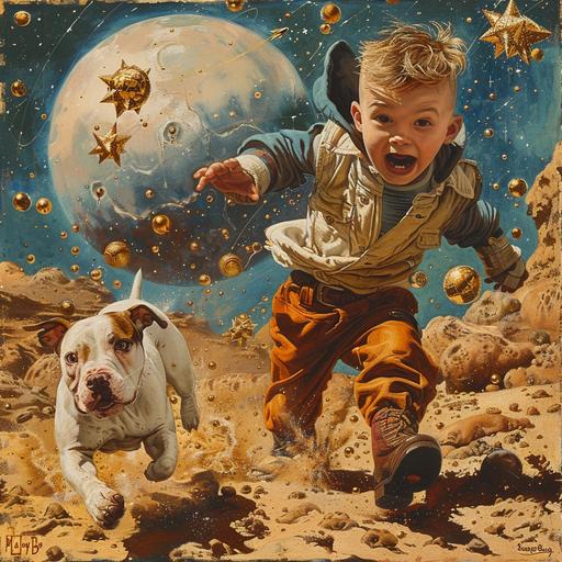 Baby Boy Tom Grady, fIGHTING a pittbull terrier, JODOROWSKY, DUNE , steam punk, frankincense, Atlas Shrugged, 1950's gold, myrrh, peaches, stars, blue, lapis detailed ILLUSTRATION, gIRARD Moebius --s 250