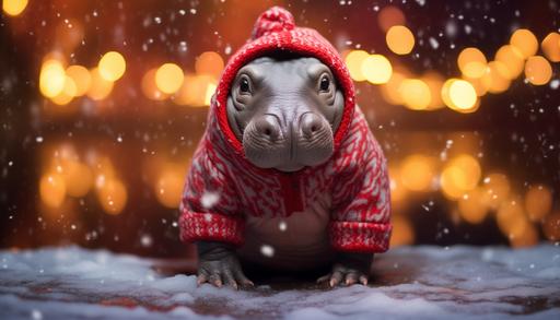 Baby Hippo Wearing an ugly sweater, Christman, on a frozen pond, Winter wonderland out of focus in background, Night time, Lit with christmas lights, Realisem, --ar 7:4