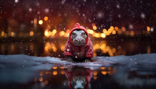 Baby Hippo Wearing an ugly sweater, Christman, on a frozen pond, Winter wonderland out of focus in background, Night time, Lit with christmas lights, Realisem, --ar 7:4