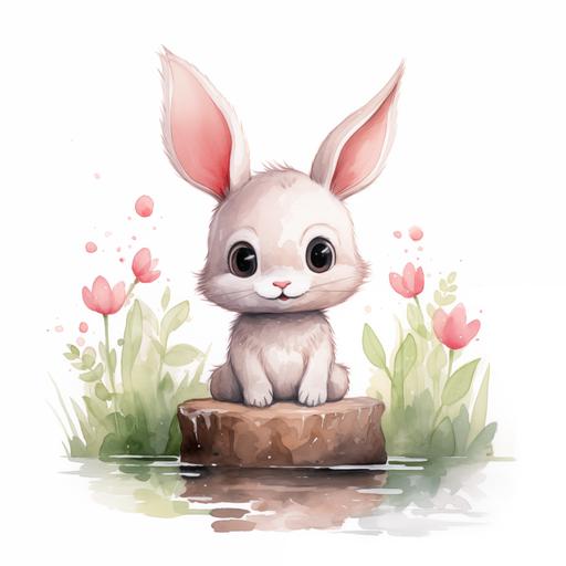 Baby bunny at garden, rose, cute cartoon watercolor, simple, minimalist