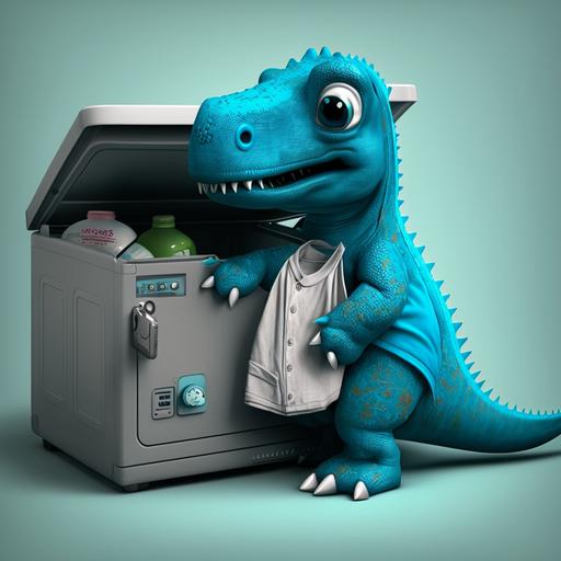 Baby dinosaur with turquoise polo shirt, buying his appliances