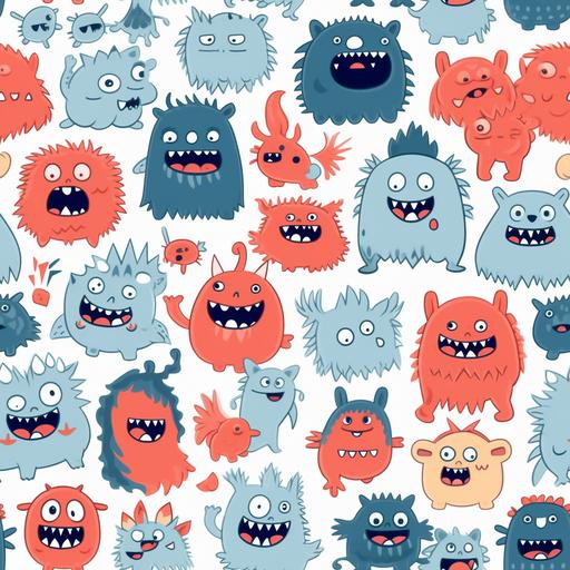 Baby monsters pattern, showcasing cuddly creatures, pastel slate blue, clementine, red orange, animated monsters in playful poses, breaking the fear of the unknown, fantastical and friendly --tile --v 5.2