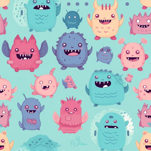 Baby monsters pattern, showcasing cuddly creatures, pastel baby pink, mint, blue, animated monsters in playful poses, breaking the fear of the unknown, fantastical and friendly --tile --v 5.2
