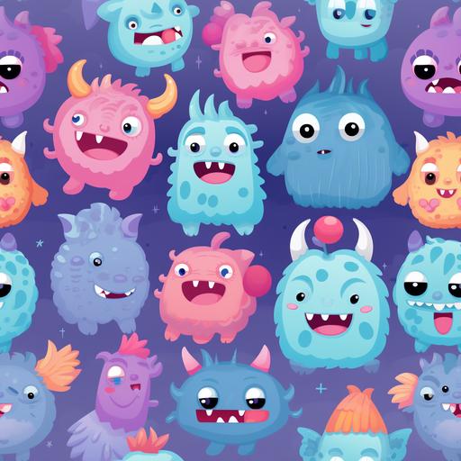 Baby monsters pattern, showcasing cuddly creatures, pastel blues, purples and pinks, animated monsters in playful poses, breaking the fear of the unknown, fantastical and friendly --tile --v 5.2