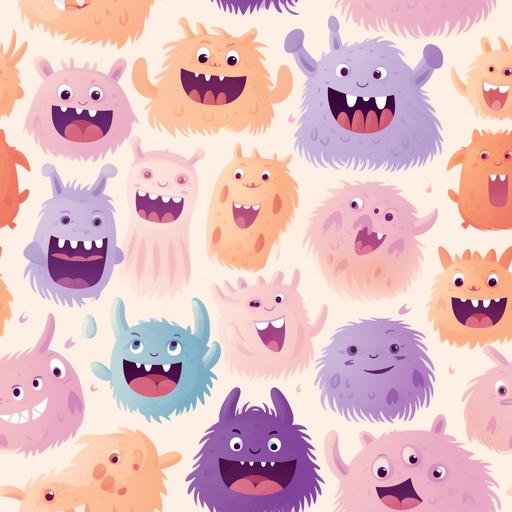 Baby monsters pattern, showcasing cuddly creatures, pastel peach, mauve, animated monsters in playful poses, breaking the fear of the unknown, fantastical and friendly --tile --v 5.2