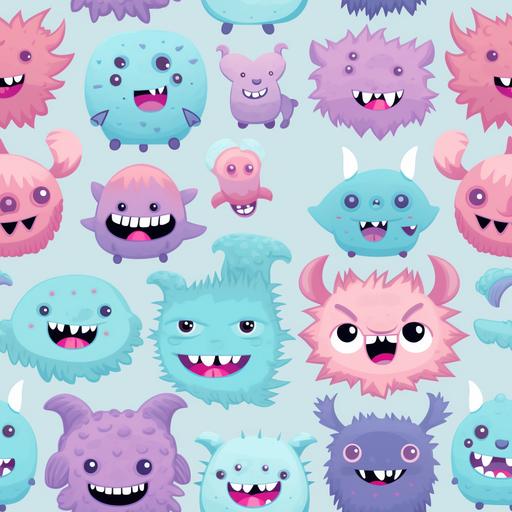 Baby monsters pattern, showcasing cuddly creatures, pastel blues, purples and pinks, animated monsters in playful poses, breaking the fear of the unknown, fantastical and friendly --tile --v 5.2
