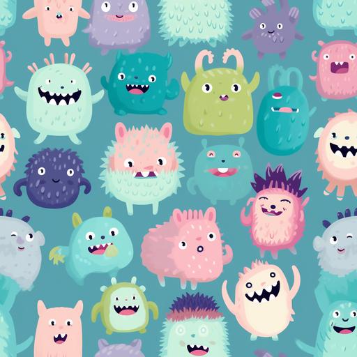Baby monsters pattern, showcasing cuddly creatures, pastel green, blue, blush, animated monsters in playful poses, breaking the fear of the unknown, fantastical and friendly --tile --v 5.2