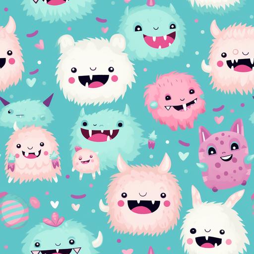 Baby monsters pattern, showcasing cuddly creatures, pastel baby pink, mint, blue, animated monsters in playful poses, breaking the fear of the unknown, fantastical and friendly --tile --v 5.2