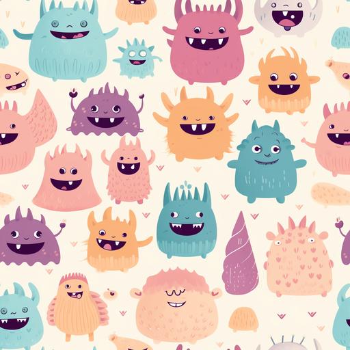 Baby monsters pattern, showcasing cuddly creatures, pastel peach, mauve, animated monsters in playful poses, breaking the fear of the unknown, fantastical and friendly --tile --v 5.2