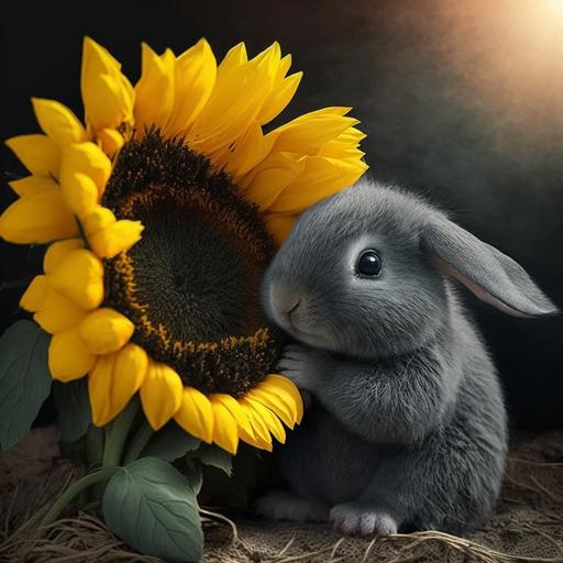 Baby rabbit, love, happy with a sunflower in a valentine day