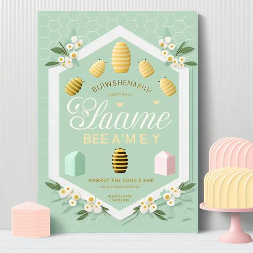 Baby shower welcome board, pastel green background, cartoon beehive, white text, honeycomb print accents v 4 500