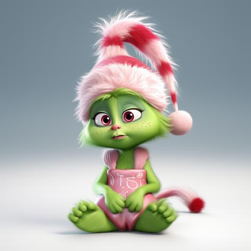 Baby stylized as The Grinch - The Grinch( 2018) , 8k 3d, realistic hyper - detail with white backgound and wearing a pink santa hat