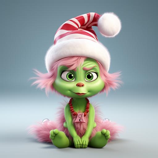 Baby stylized as The Grinch - The Grinch( 2018) , 8k 3d, realistic hyper - detail with white backgound and wearing a pink santa hat