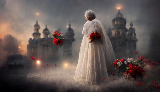 old woman wearing a vintage white wedding dress with red flowers, surrounded by small angels with feathered wings, in front of a heavenly white castle, fog  cinematic   sidelight   photo   realism, 4K, --ar 16:9 --uplight
