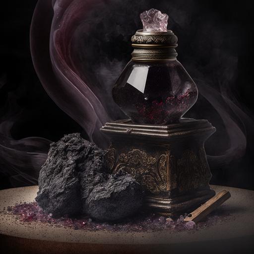 Baccarat for Godet black salt, black cherry petunia and Dragonsblood resin incense charcol burner lunar eclipse potion bottle, magical symbols, mortar and pestle with black salt, luxury product photography, raking light, dramatic lighting, ornate --v 4 --q 2