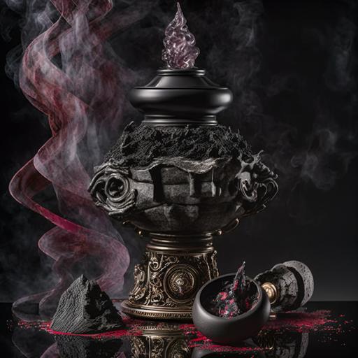 Baccarat for Godet black salt, black cherry petunia and Dragonsblood resin incense charcol burner lunar eclipse potion bottle, magical symbols, mortar and pestle with black salt, luxury product photography, raking light, dramatic lighting, ornate --v 4 --q 2