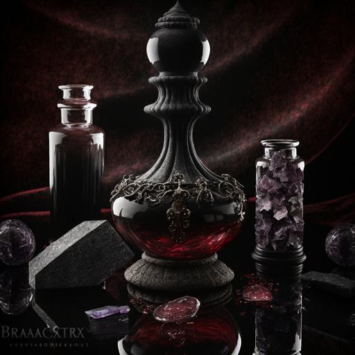 Baccarat for Godet black salt, black cherry petunia and Dragonsblood resin incense charcol burner lunar eclipse potion bottle, magical symbols, mortar and pestle with black salt, luxury product photography, raking light, dramatic lighting, ornate --v 4 --q 2